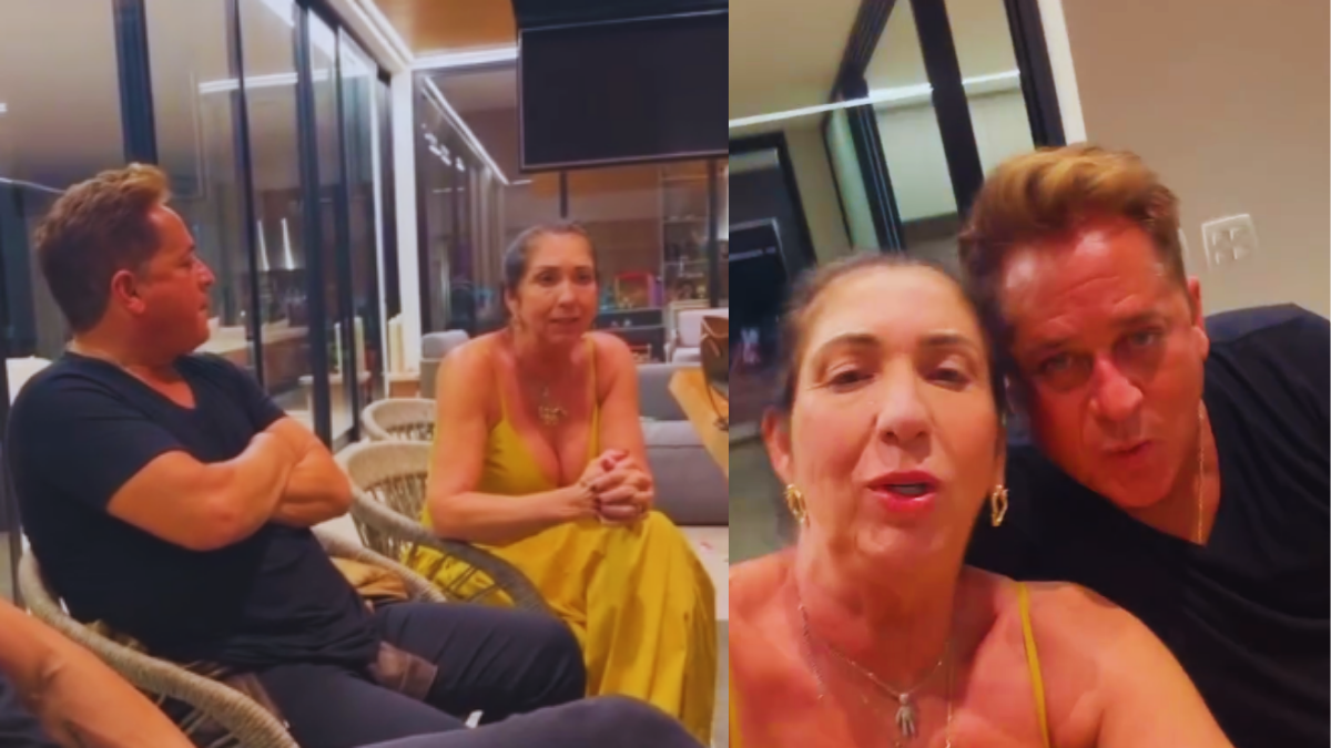 Poliana Rocha aparece em fotos ao lado de Leonardo durante conversa descontraída, comentando relação com a mãe de Virginia; expressão séria e clima de bate-papo em ambiente externo