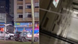 Menina cai de prédio em Praia Grande: imagem de viaturas e área externa em frente a um prédio, em um cenário de ocorrência policial.