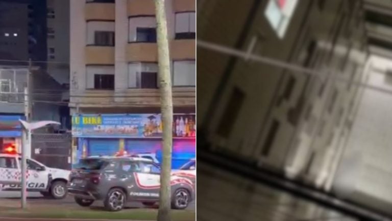 Menina cai de prédio em Praia Grande: imagem de viaturas e área externa em frente a um prédio, em um cenário de ocorrência policial.