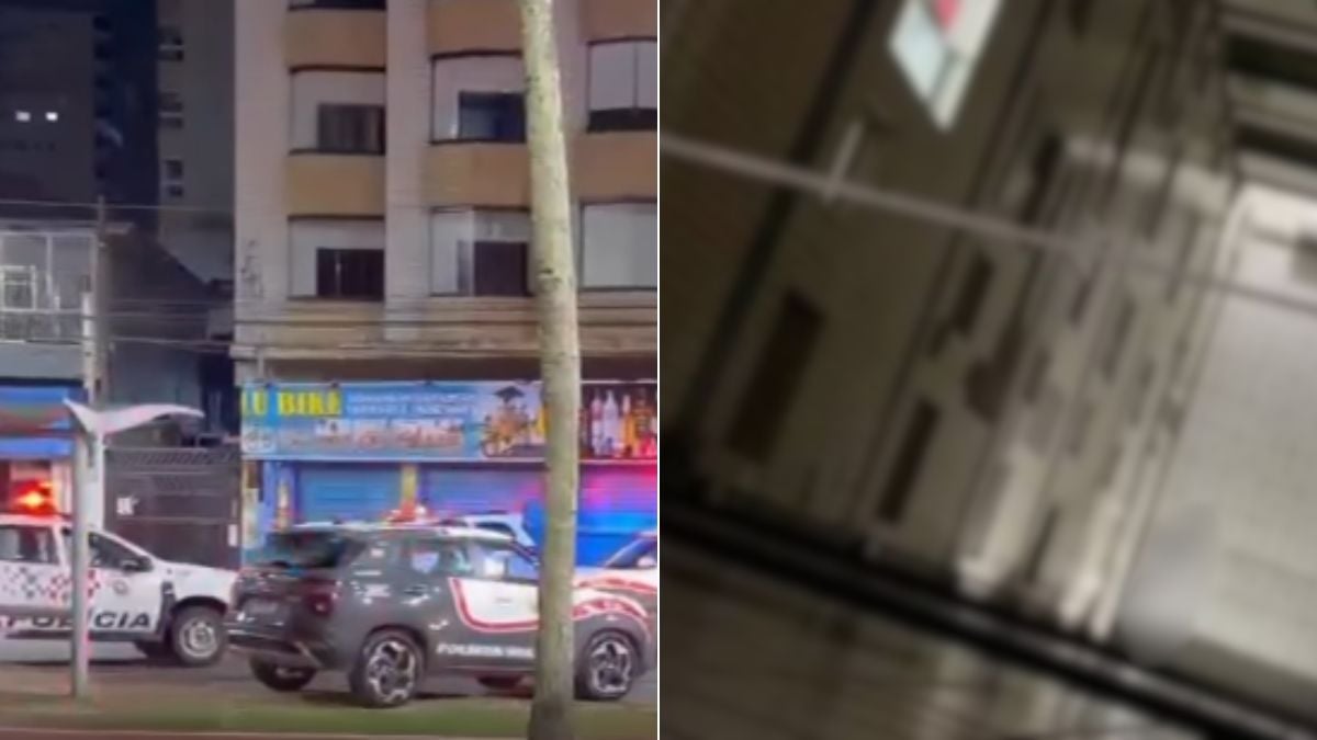 Menina cai de prédio em Praia Grande: imagem de viaturas e área externa em frente a um prédio, em um cenário de ocorrência policial.