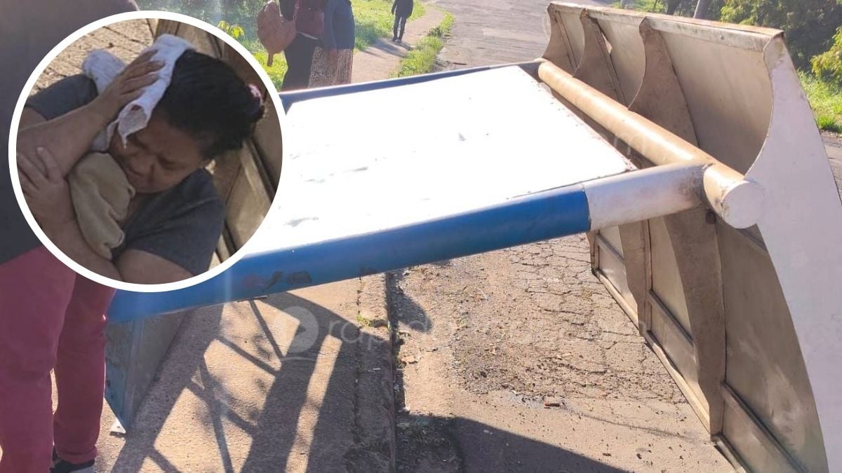 Ponto de ônibus desabado com estrutura quebrada e mulher ferida em destaque no detalhe, em Limeira; cena de acidente com pessoas no local e fragmentos no chão.