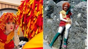 Isabelle Drummond aparece como Emília 20 anos depois, com peruca vermelha e roupas coloridas em fotos lado a lado, em cenário urbano e de pedras