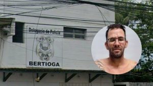 Pedreiro preso em Bertioga: imagem mostra a fachada da Delegacia de Polícia Civil em Bertioga, litoral de São Paulo, e um retrato em destaque de um homem.