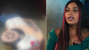 carro cai em buraco com água: Imagem mostra uma mulher com cabelo longo e vermelho, em entrevista ou reportagem, com fundo desfocado ao lado de um recorte borrado que sugere um veículo em cena de acidente, incluindo referência ao ocorrido em Santos.