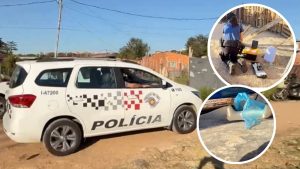 Imagem mostra viatura da polícia em uma área externa e, em inserções, um homem escondido e objetos relacionados a ocorrência após suspeito de esfaquear a companheira ser encontrado em Campinas.