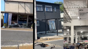 Japão: imagens mostram danos e destruição após tremor de 7,1, com prédios e estruturas afetadas e milhares de pessoas em evacuação, incluindo áreas internas e movimentação de socorro.