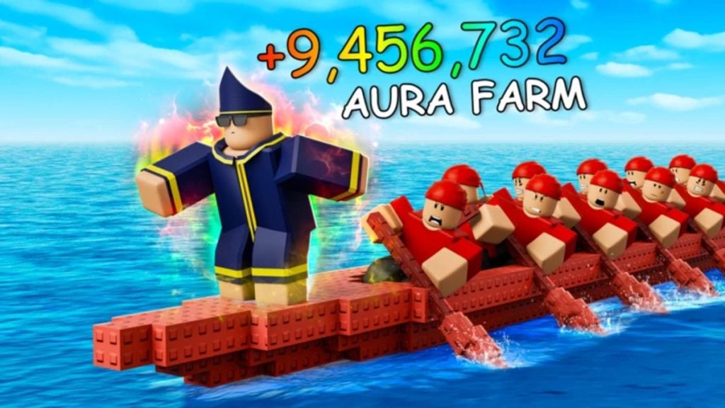 Prefeito veta campeonato farmar aura: Imagem de estilo game na água com personagem em uniforme azul e chapéu, números de pontuação na tela e a frase “AURA FARM”, com fila de figuras vermelhas em blocos atravessando um barco de blocos.