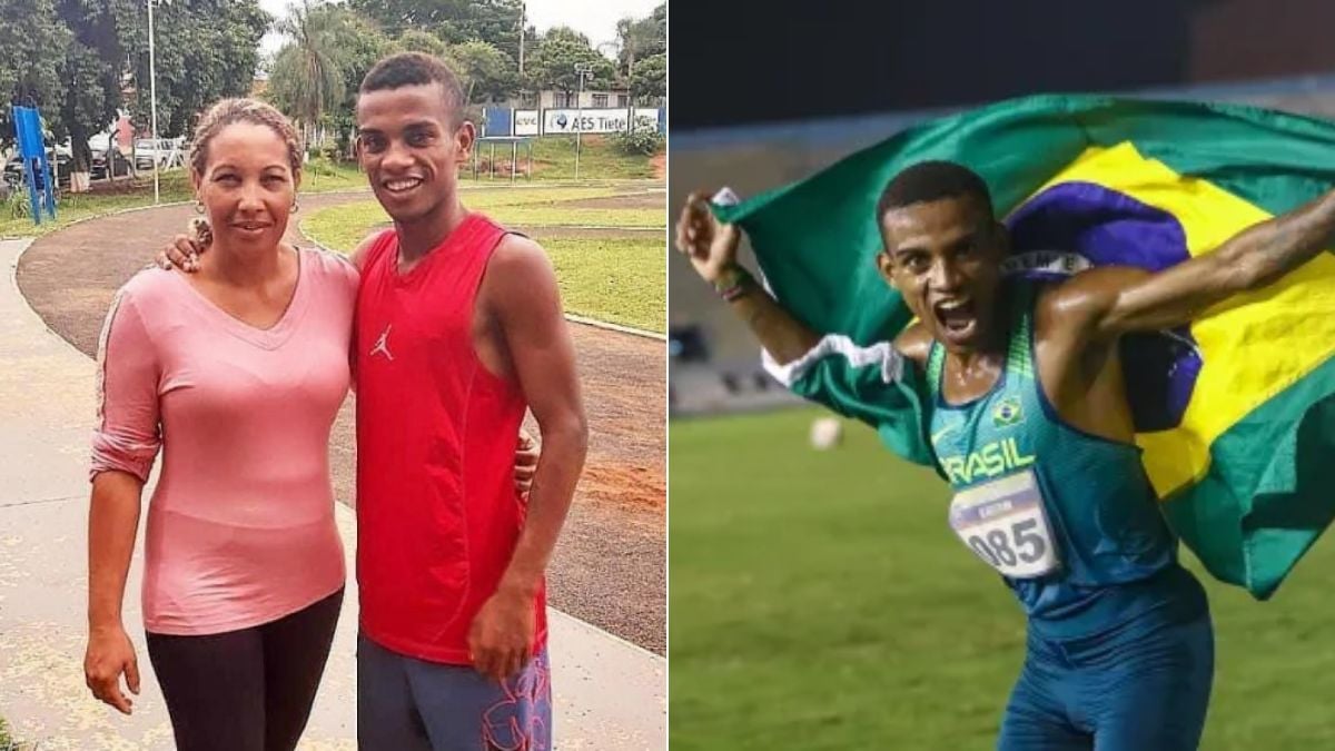 Daniel Nascimento, maratonista olímpico brasileiro, em fotos comemorativas durante provas: atleta aparece ao lado de mulher e também com a bandeira do Brasil, destacando o desaparecimento há mais de um mês.
