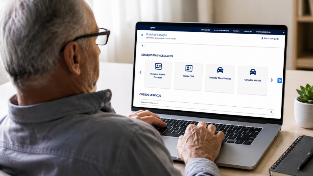 Idoso usando notebook para emitir documentos digitais de trânsito no site oficial do governo, com foco em serviços e validações online. Credencial de estacionamento para idosos