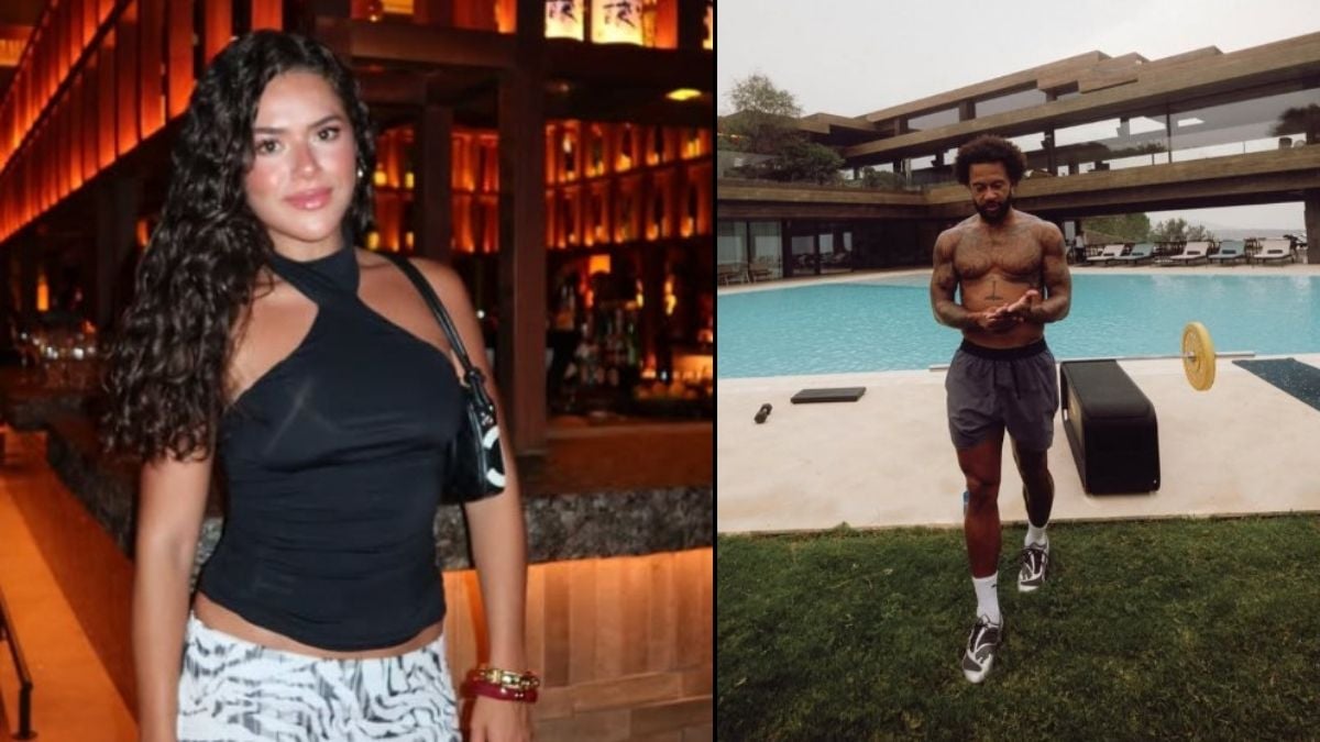 Maisa e Memphis Depay em Ibiza: a cantora aparece em um evento noturno com look preto, enquanto o jogador posa ao ar livre perto de uma piscina durante as férias.