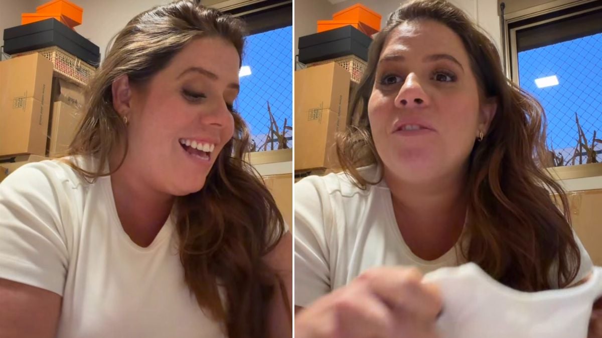 Tati Machado aparece em vídeos divididos em dois quadros, sorrindo e falando em selfie, desmentindo boatos de gravidez de gêmeos e dizendo “Até onde eu sei, não”.