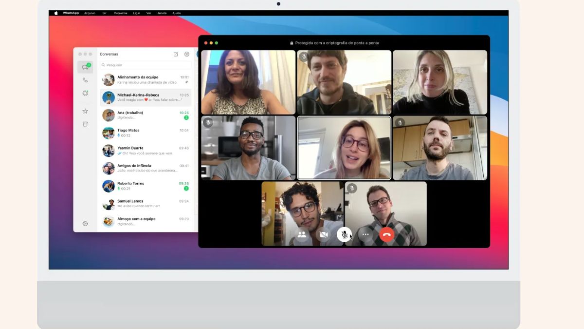 Tela do computador mostrando WhatsApp Web com chamadas de áudio e vídeo em várias janelas, com usuários participantes e interface de mensagens à esquerda.