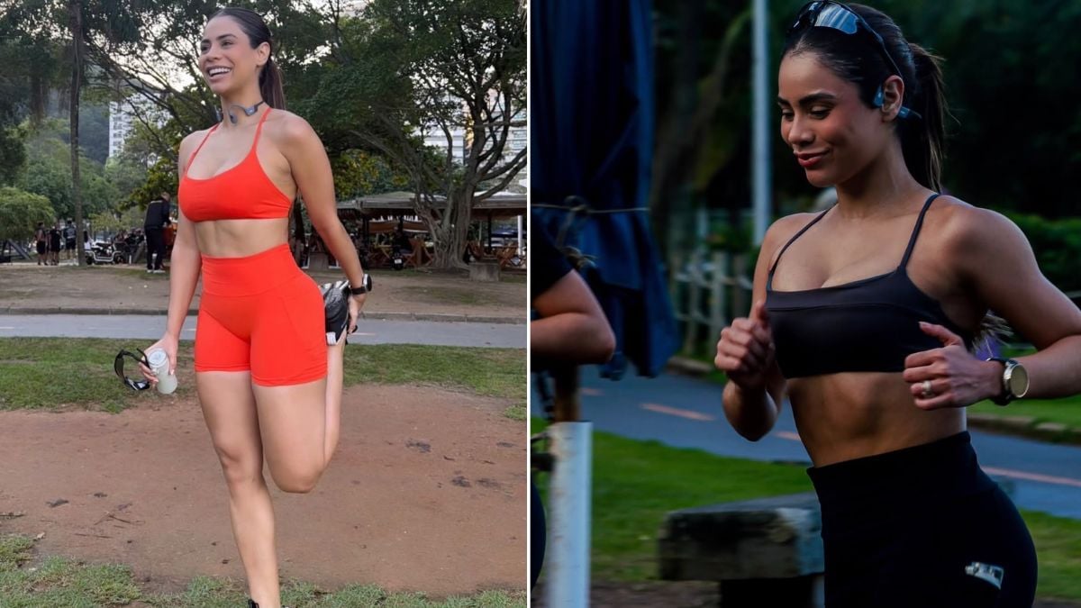 Lexa em treino ao ar livre usando top e short, mostrando disposição e corrida; em um segundo quadro, ela aparece se exercitando no parque, com foco e postura atlética, relacionada a perda de peso sem remédios.