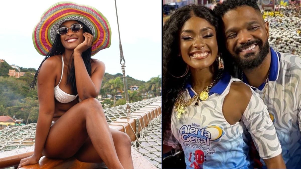Erika Januza aparece em fotos posando ao ar livre e em registro ao lado de Arlindinho, em contexto de fala sobre término: “Depois da lama que me colocaram”.