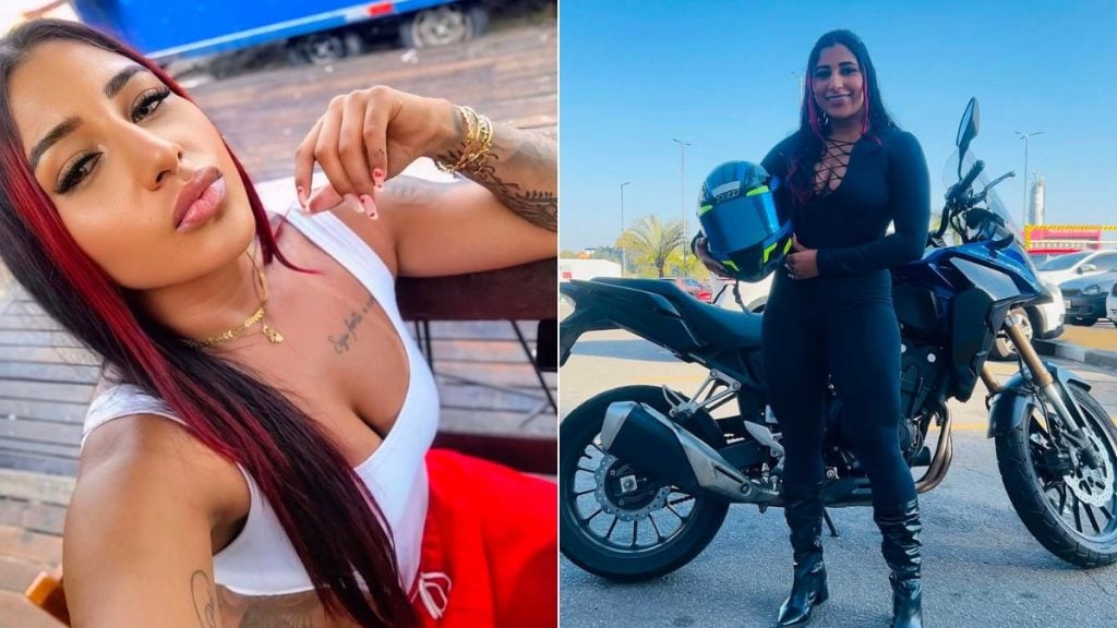 Carro cai obra Sabesp: Letícia Souza Santos em duas fotos: uma em ambiente externo com roupa branca e cabelo vermelho, e outra em cenário urbano com capacete na moto azul, em registro de redes sociais