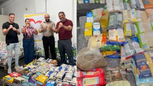 Evento beneficente em Cubatão: voluntários em “Duelo de Gravatas” comemoram a arrecadação de alimentos, ao lado de muitas doações embaladas em pacotes.