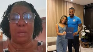Imagem em dois quadros: à esquerda, mulher em close com expressão emocionada e lágrimas; à direita, casal sorridente posando em ambiente interno, com um homem segurando um cartão e a mulher exibindo um envelope. Davi Brito