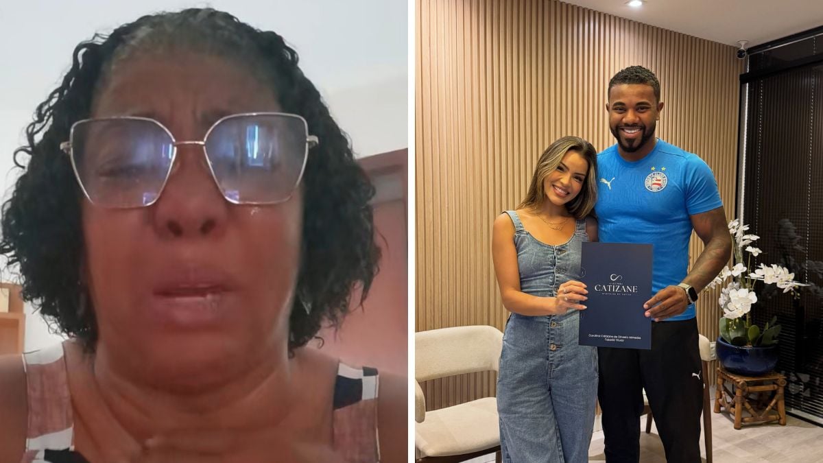 Imagem em dois quadros: à esquerda, mulher em close com expressão emocionada e lágrimas; à direita, casal sorridente posando em ambiente interno, com um homem segurando um cartão e a mulher exibindo um envelope. Davi Brito
