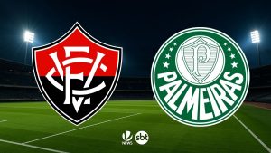 Vitória x Palmeiras: dois escudos no gramado em fundo de estádio, com indicação de transmissão (VTV News e SBT) para onde assistir ao vivo, horário e prováveis escalações