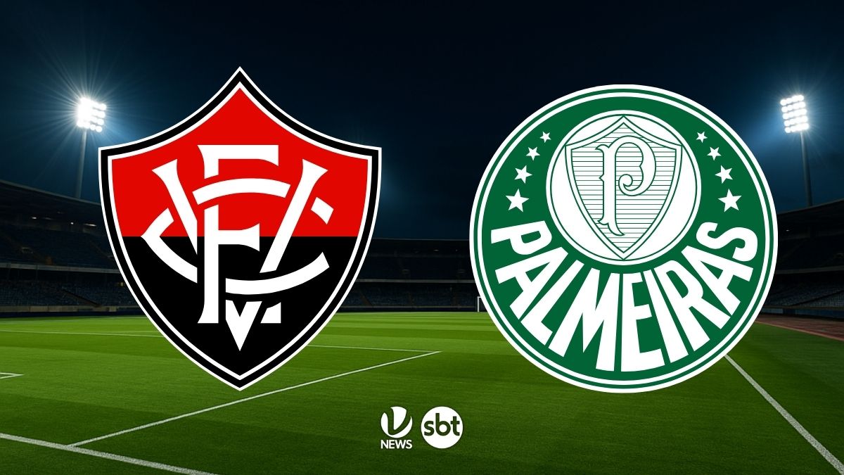 Vitória x Palmeiras: dois escudos no gramado em fundo de estádio, com indicação de transmissão (VTV News e SBT) para onde assistir ao vivo, horário e prováveis escalações
