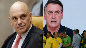 Moraes em imagem dividida com Bolsonaro em segundo plano, com referência a prazo de 48 horas para explicar vídeo feito com IA.