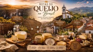 Rotas do queijo no Brasil: cenário com queijo artesanal sobre uma mesa, mapa do país com marcadores e ilustrações de cidades e paisagens ao fundo, com a igreja histórica