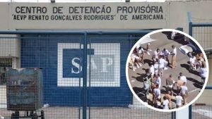 Fachada do Centro de Detenção Provisória AEVP Renato Gonçalves Rodrigues de Americana e, em destaque, pessoas em pátio, ilustrando a superlotação presídio de Americana com quase 1.200 presos para 639 vagas