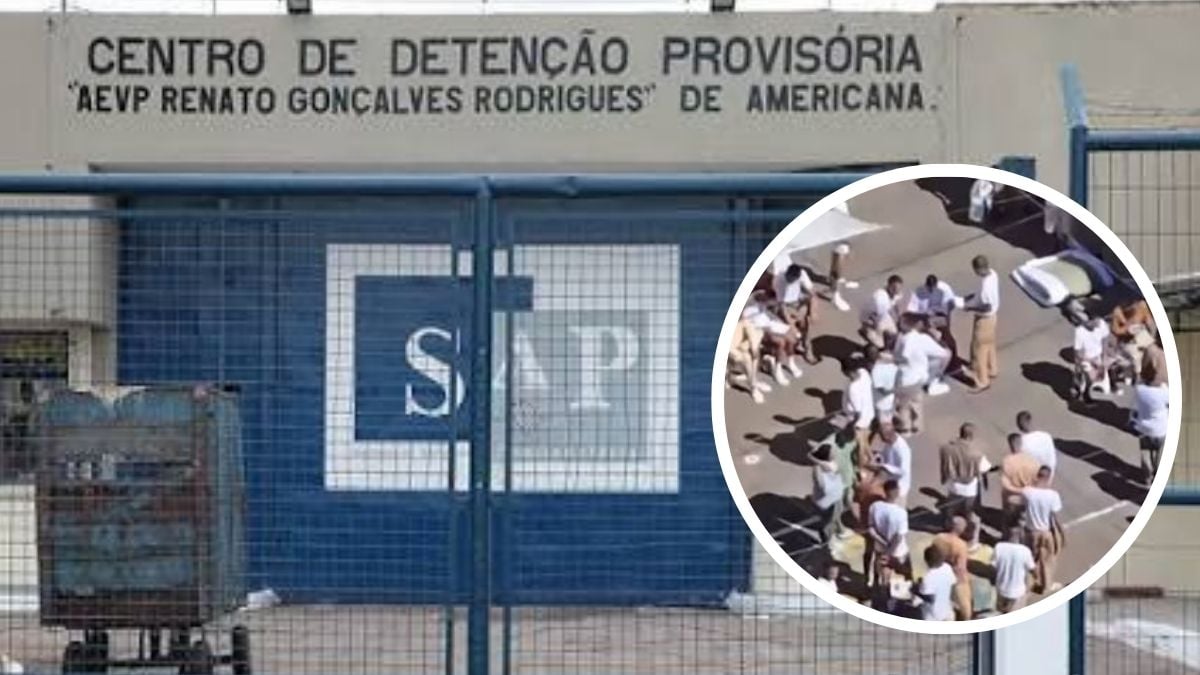 Fachada do Centro de Detenção Provisória AEVP Renato Gonçalves Rodrigues de Americana e, em destaque, pessoas em pátio, ilustrando a superlotação presídio de Americana com quase 1.200 presos para 639 vagas