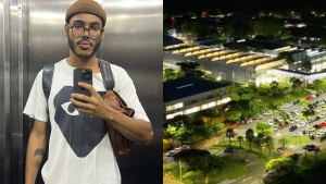 Aluno em frente ao espelho com óculos e mochila, ao lado de vista do campus da PUC-Campinas à noite; contexto de racismo na PUC-Campinas e processo após discriminação racial.