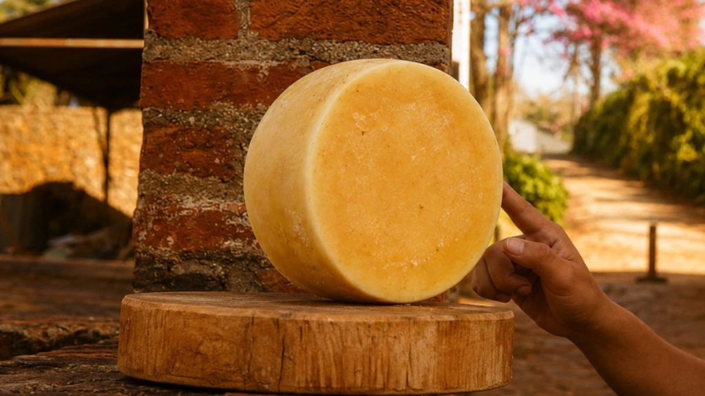 rotas do queijo no Brasil: Queijo mantiqueira paulista em forma de roda sobre tábua de madeira, ao lado de uma estrutura de pedras, em ambiente externo com luz natural, com mão tocando o produto.