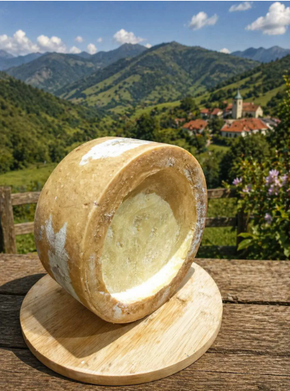 Queijo de Alagoas em MG cortado ao meio, com a pasta clara e textura artesanal sobre uma tábua de madeira, com paisagem verde de montanhas ao fundo. rotas do queijo no Brasil