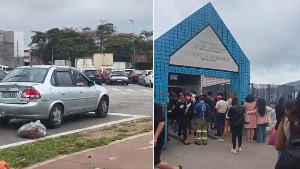 ventania causa caos no litoral: carros na via e pessoas em área portuária diante de prédio, com travessias de balsas temporariamente suspensas na Baixada.