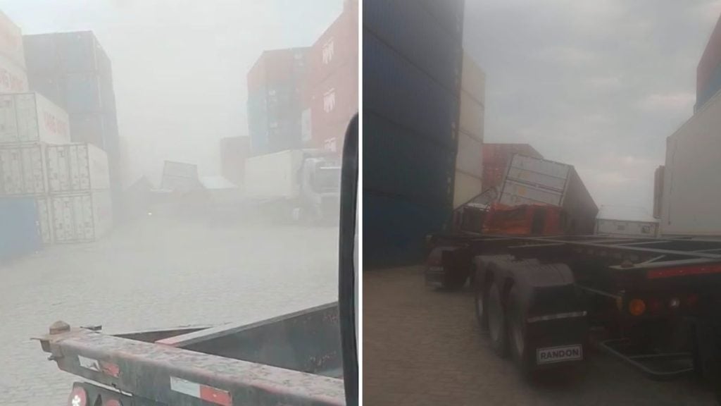 Ventania no litoral com forte neblina e chuva, mostrando travessia de balsa interrompida e veículos no píer, com alertas de suspensão temporária das travessias na Baixada