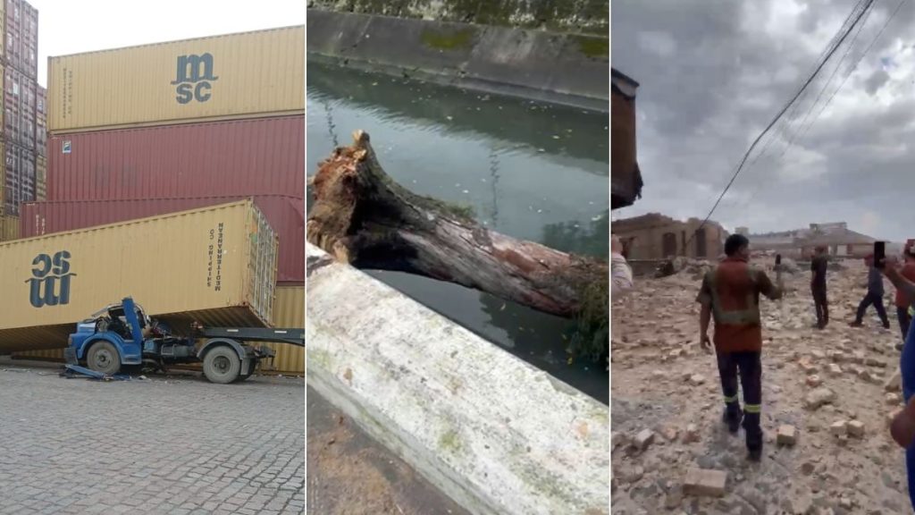 ventania em Santos com registros de estragos: contêineres e caminhões danificados, tronco derrubado na área costeira e ruas com escombros e pessoas em meio ao caos após a tempestade