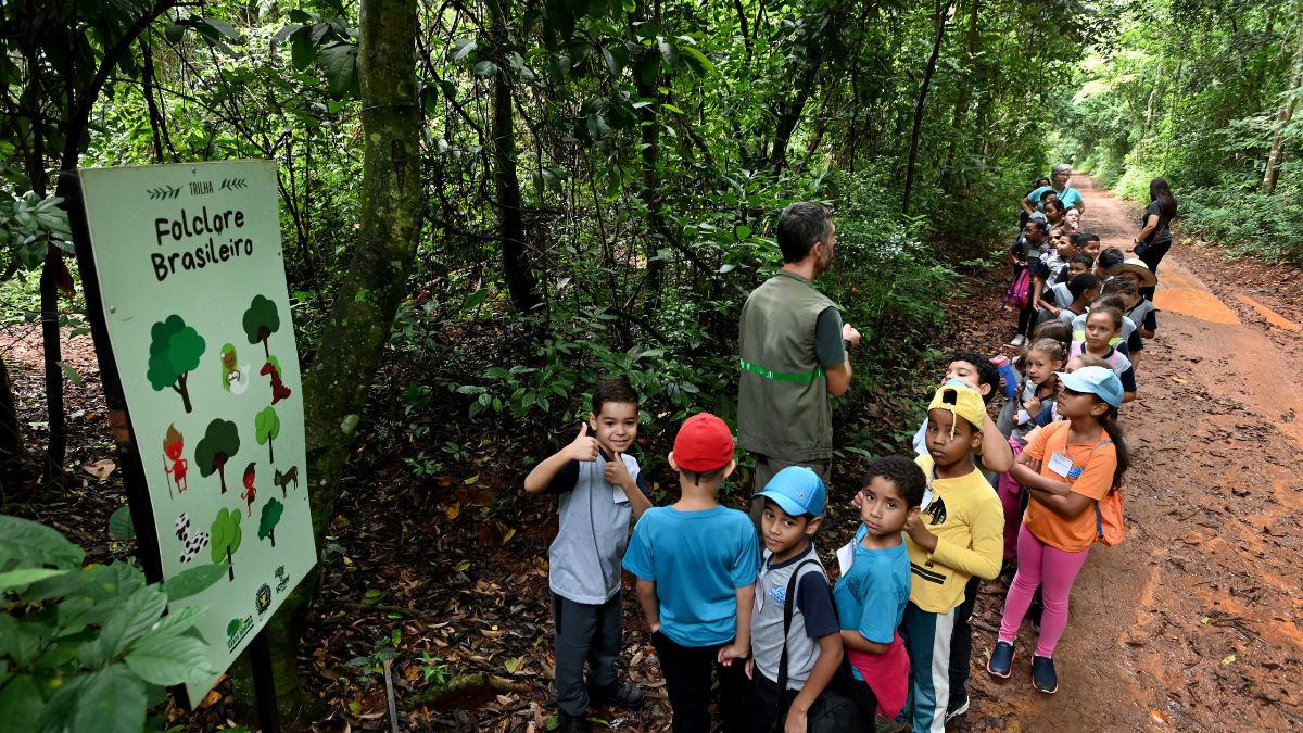 Crianças em visita a trilha na natureza, com placa informativa sobre arborização; texto indica abertura de visitas gratuitas da Mata de Santa Genebra para escolas em Campinas.
