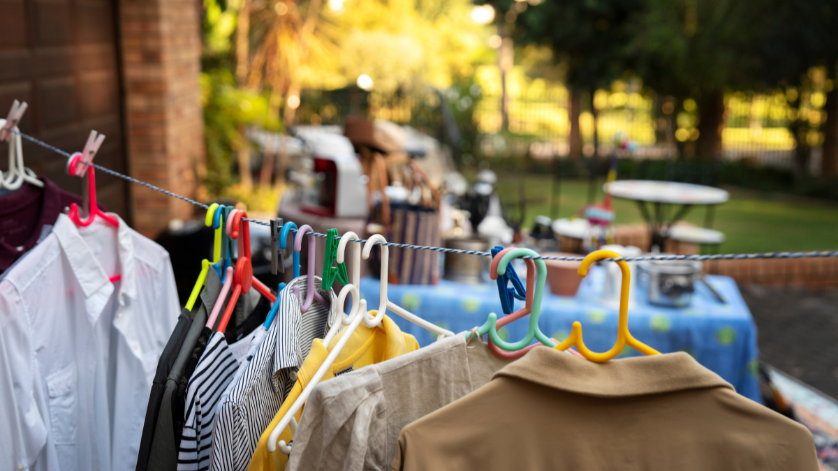Varal Solidário com cabides e roupas expostos em varal ao ar livre, em Bragança, com ação de roupas grátis e serviços de saúde nesta sexta-feira.
