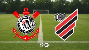 Corinthians x Athletico-PR: escudos dos times sobre um gramado de futebol, com arquibancada desfocada ao fundo, e logos de transmissão no centro inferior.