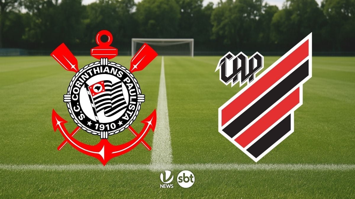 Corinthians x Athletico-PR: escudos dos times sobre um gramado de futebol, com arquibancada desfocada ao fundo, e logos de transmissão no centro inferior.