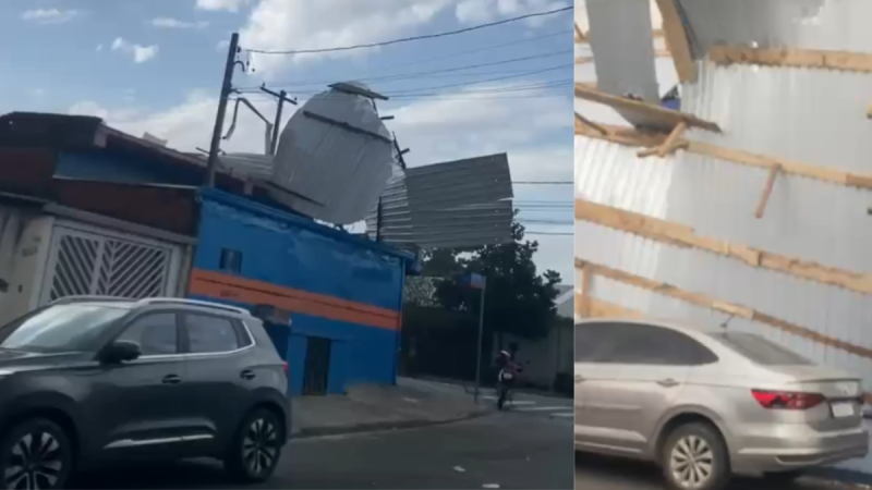 Danos ventos região de Campinas: Rajadas de vento danificam construções e telhados em Campinas e cidades da região, com placas e materiais soltos após a tempestade.