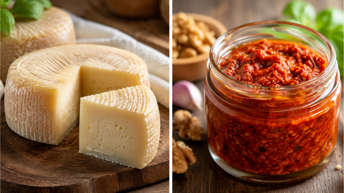 Anvisa queijo e molho pesto em destaque: queijo tipo parmesão em peça e fatias ao lado de um pote de molho pesto vermelho com manjericão e ingredientes.