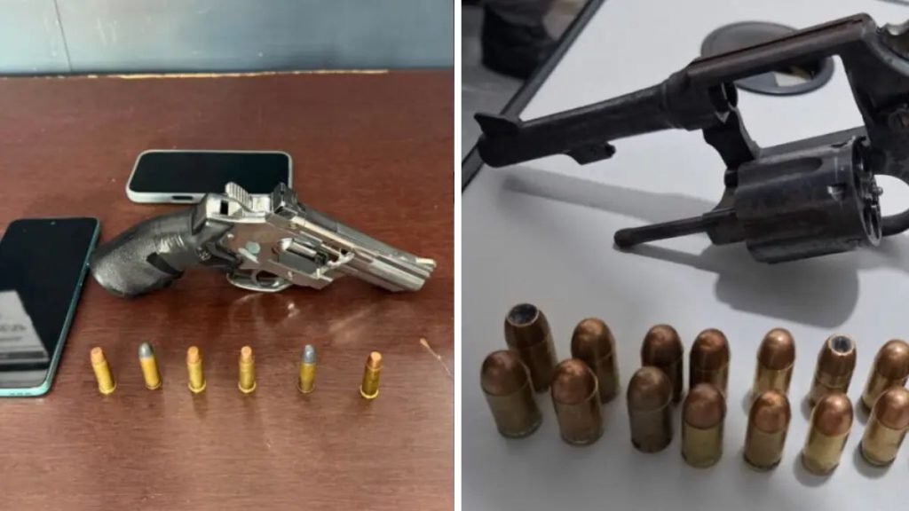 Operação Zero Grau: foto da Polícia Militar mostra armas apreendidas, com revólver e munições, durante ação contra roubos e furtos de motocicletas em Hortolândia.