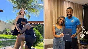 Davi Brito em fotos ao ar livre e em ambiente interno, ao lado de uma mulher, sorrindo e apresentando um cartão ou envelope com texto “CATILANE”, em cenário de celebração.