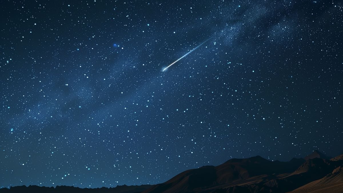 Céu noturno com estrelas e uma trilha luminosa de meteoro atravessando a Via Láctea, acima de montanhas em um horizonte escuro; chuva de meteoros poderá ser vista nesta sexta.
