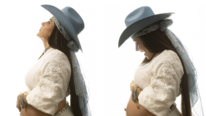 Lauana Prado dá as boas-vindas a Dom, primeiro filho da cantora, em imagem com a artista grávida usando chapéu e vestido claro, em ensaio com fundo branco.