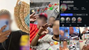 jovem que gravava furtos é apreendido: Colagem de imagens com prints de vídeos e redes sociais mostrando a apreensão de um jovem que gravava furtos em lives, com destaque para dinheiro apreendido e cenas em celular no litoral de São Paulo.