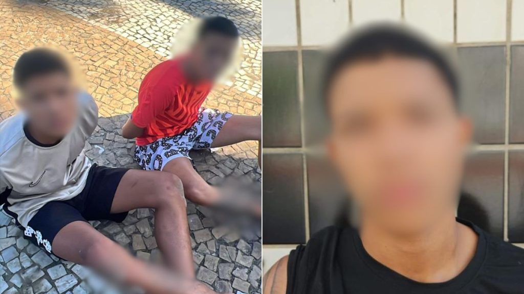 jovem que gravava furtos é apreendido: Imagem mostra dois homens com rosto desfocado, sentados em via pública de piso intertravado e outro retrato em ambiente com azulejos; caso envolvendo investigação e identificação por câmeras de monitoramento. Foto: Polícia Civil.