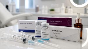 Produtos dermatológicos em bancada clínica com ampolas e frasco de ácido hialurônico, além de seringas e caixa de Skinbooster, em contexto de proibição pela Anvisa.