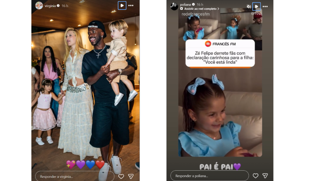 Poliana Rocha compartilha stories com a frase “Pai é pai”, em que aparece ao lado de uma criança em ambiente interno, em referência a Vini Jr. e Virginia.