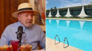 Lula em entrevista, ao lado de uma piscina em área externa, ilustrando críticas ao Palácio da Alvorada e a fala sobre morar na residência ser “desumano”.
