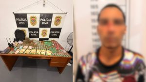 Imagem mostra duas fotos em comparação: à esquerda, uma mesa com grande quantidade de dinheiro e entorpecentes apreendidos em sala da Polícia Civil; à direita, homem em foto de divulgação com rosto desfocado, associado a investigação de roubo e homicídio em Santos. Preso roubo Santos.